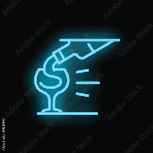 Blue neon sign of a bartender pouring a drink in a wine glass, on a black background