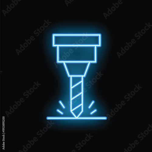 Blue neon icon of a drill bit boring a hole in the ground on a black background