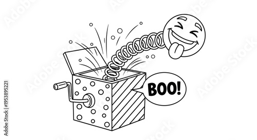 Spooky yet playful cartoon face with spring rapidly popping out of a jack-in-the-box with "BOO!" text, isolated white background.