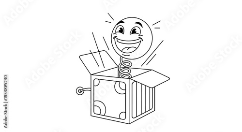 Energetic happy cartoon face with spring popping out of a jack-in-the-box with burst effects, isolated white background.