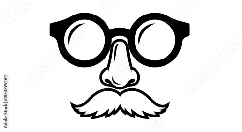 Playful Comedy Disguise with Round Glasses, Fake Nose, and Bushy Mustache in Black and White, isolated white background