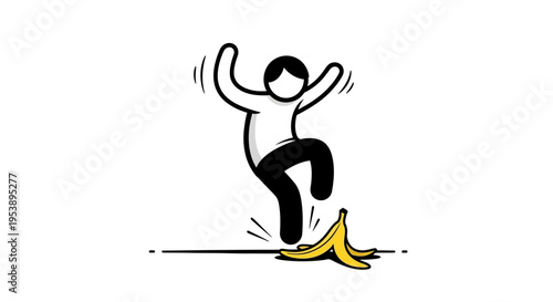 Clumsy stick figure man slipping on a banana peel and falling, causing an accident, in bright studio.
