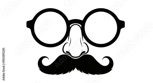Classic Humorous Disguise with Round Glasses, Fake Nose, and Curly Mustache in Black and White, isolated white background