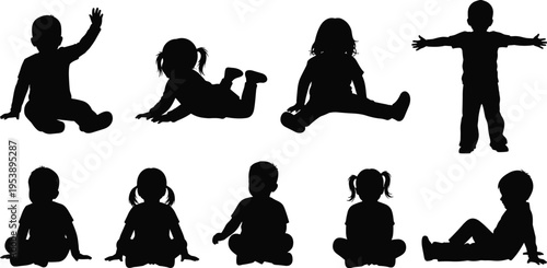 Little children silhouettes collection, toddlers sitting and crawling, young boys and girls, childhood play activities, black vector icons, kids shapes