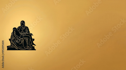 A silhouette of mother and her son statue over a golden background, evoking a sense of solemnity and reverence