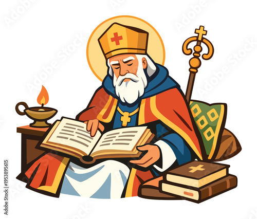 Saint Nicholas, bishop, reading a holy book by lamplight, embodying christianity, faith, and religious teaching