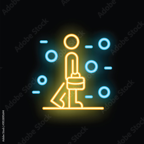 Neon sign icon of a businessman holding a briefcase and walking through a snowstorm