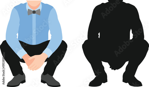 Man in blue shirt and bow tie squatting, flat vector illustration with solid black silhouette, minimalist male character posing, professional fashion and style design element