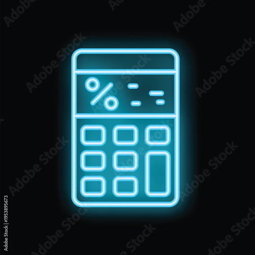 Vibrant blue neon calculator icon glowing against a dark background, representing financial calculations and accounting concepts
