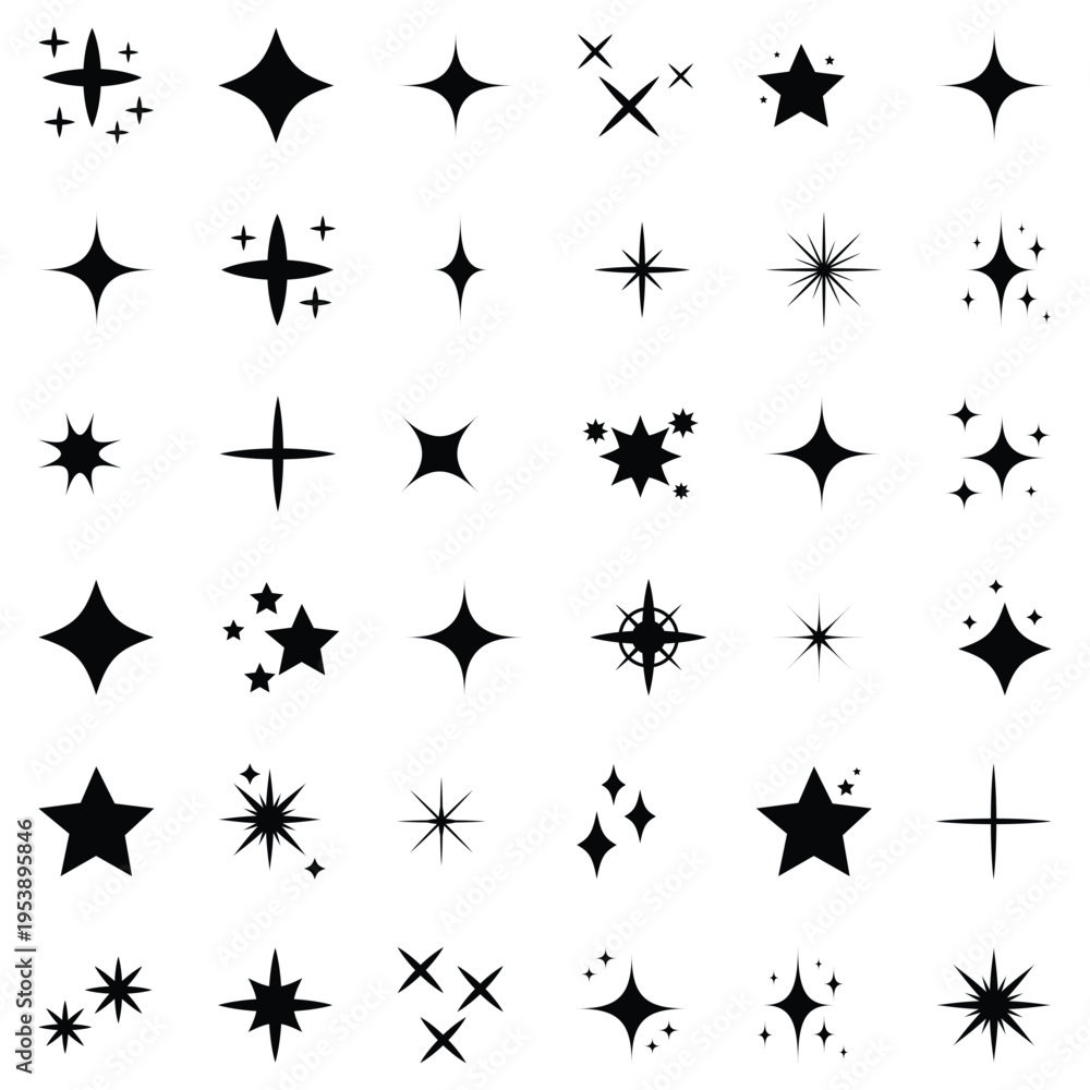 Fototapeta premium Collection of black starburst shapes and sparkles