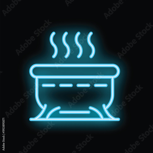 Blue neon sign depicting a steaming jacuzzi, evoking relaxation and luxury experiences