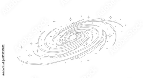 Stylized Spiral Galaxy Illustration with Stars - Line Art