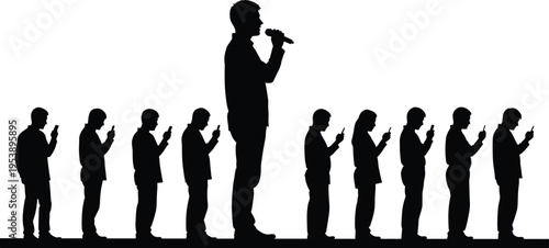 Man speaking into microphone with people using smartphones, solid silhouette vector illustration, public speaking and digital distraction concept, minimalist communication