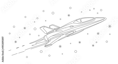 Futuristic Jetliner flying through starry space, clean line art