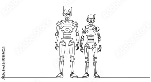 Two futuristic robots standing side by side, outline drawing