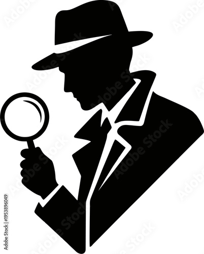 Detective Silhouette Holding Magnifying Glass – Minimal Black and White Private Investigator Vector Icon