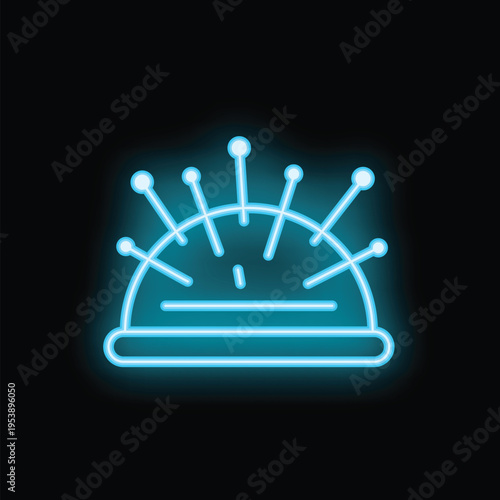 Blue neon sign of a classic pincushion glowing on a dark background