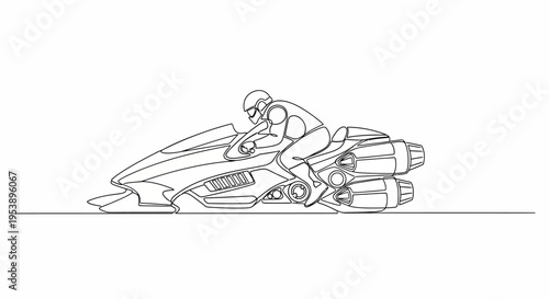 Futuristic Motorcycle Rider in Sleek Sci-Fi Vehicle with Jet Engines, Line Art