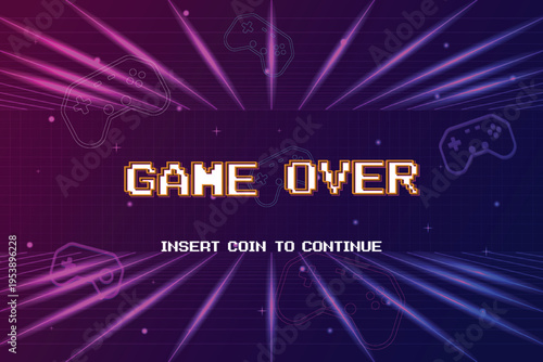Game Over, Retro games for game assets in retro futuristic sci-fi background vector illustration. Glowing neon from an old arcade