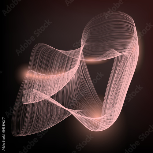 Glowing wireframe shape on dark background. Pink flowing curve lines with luminous light spots. Futuristic organic structure for tech presentation or digital wallpaper. Pink neon motion design