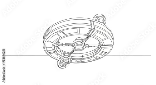 Futuristic Space Station Orbiting Planet, Sci-Fi Spacecraft Design, Line Art