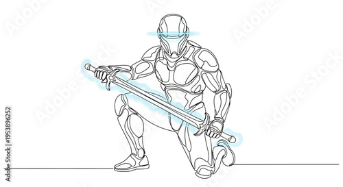 Sci-fi warrior kneeling with glowing sword, futuristic armor, concept art sketch