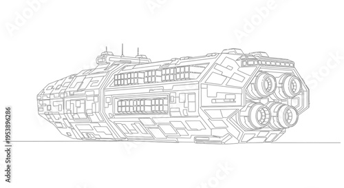 Futuristic spaceship outline, science fiction spacecraft illustration, vector art