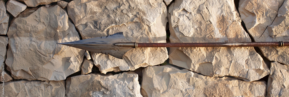Fototapeta premium An ancient spear resting on a weathered stone wall, symbolizing history and craftsmanship