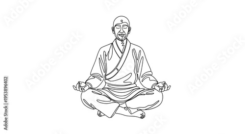 Zen Monk Meditating in Lotus Pose, Enlightenment, Serenity, Mindfulness, Black and White Line Art
