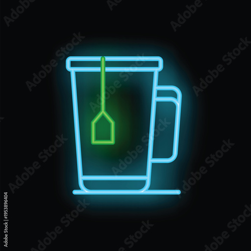 This neon sign shows a blue cup with a green tea bag hanging, evoking warmth and comfort