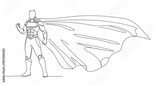 Heroic Figure with Flowing Cape, Continuous Line Art Illustration