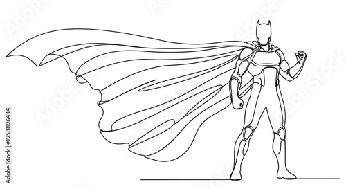 Superhero Line Art Drawing, Dynamic Pose, Flowing Cape, Strength Symbol