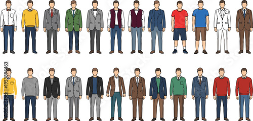 Men in different outfits, formal business suits, casual clothes, sweaters, summer shorts, male character design collection, stylish gentleman apparel, isolated vector