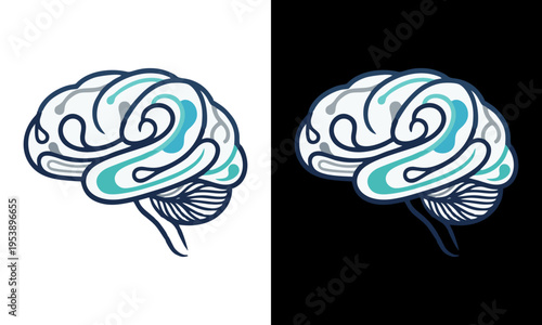 A creative illustration of a brain with swirling patterns on white and black backgrounds.