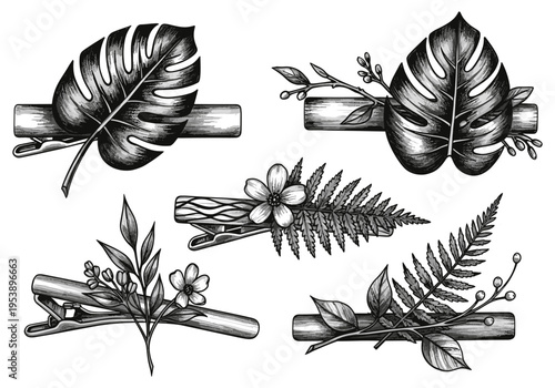 Set of five hand-drawn botanical hair clips with monstera leaves and ferns