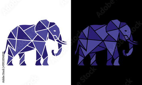 Geometric elephants stand side by side in white and black backgrounds
