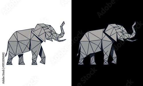 Geometric illustration of elephant on white and black backgrounds