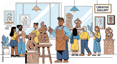 Artist proudly displays his sculptures in a vibrant art gallery exhibition.