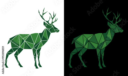 A geometric green deer illustration stands against a white and black background.