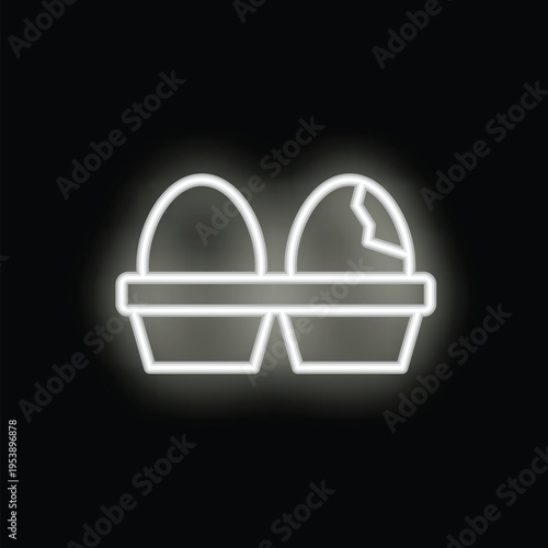 White neon icon of two eggs in a carton, one egg is broken, on a black background