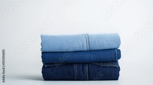 Stacked denim jeans in varying shades of blue, showing folded textiles and casual wardrobe organization