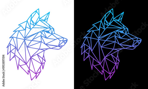 Geometric wolf heads in profile on white and black backgrounds