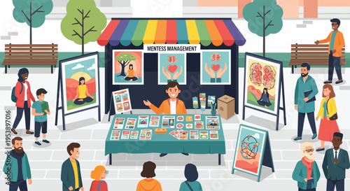 Artist selling paintings and books at outdoor market stall.