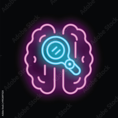 Photos Neon glowing icon of a magnifying glass analyzing a human brain, representing th