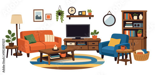 Vector illustration of a comfortable living room in a modern apartment, perfect for relaxation and everyday living