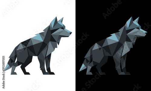 A geometric wolf illustration stands alert in profile view on white and black backgrounds.