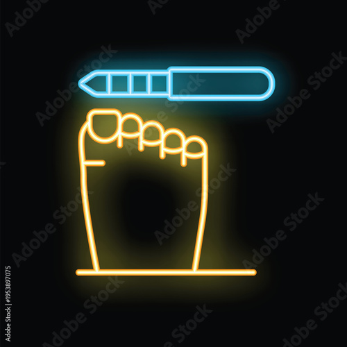 Neon sign illustrating foot care procedure with glowing outline of foot and nail file on black background