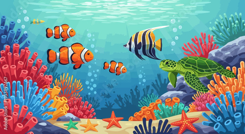 Clownfish and Sea Turtle Underwater Scene.