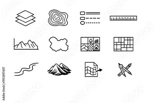Digital Maps and Cartography. Line outline icon set of Digital Maps and Cartography: layered