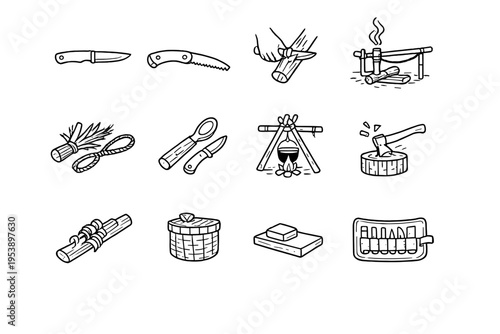 Bushcraft Tools and Techniques. Line outline icon set of Bushcraft Tools and Techniques: